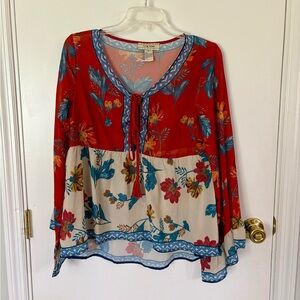 Flying Tomato Red & Cream Floral Tie-Front Boho Blouse